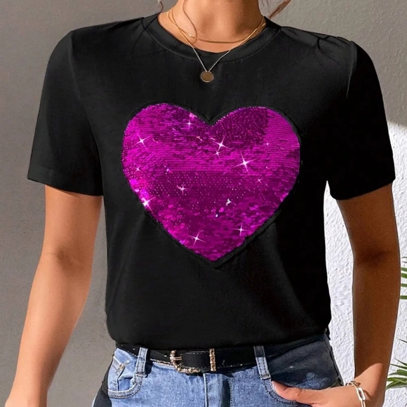 Heart Sequin Round Neck Short Sleeve T-Shirt - Picture 3 of 4